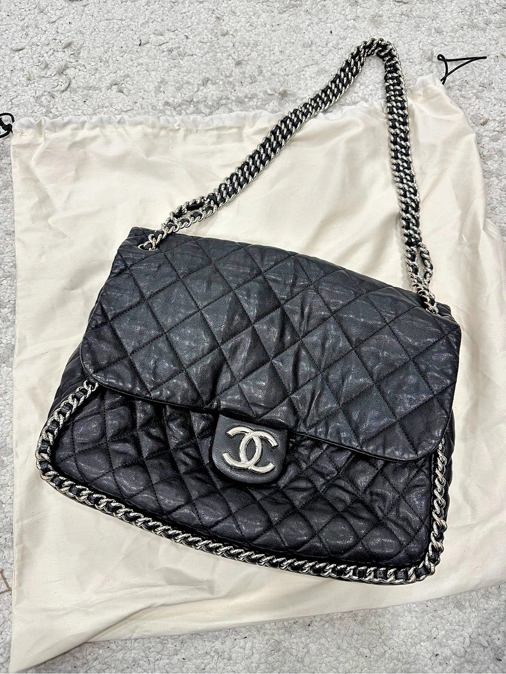Chanel Chain Around Large Flap Bag Quilted Leather Shoulder Bag Black